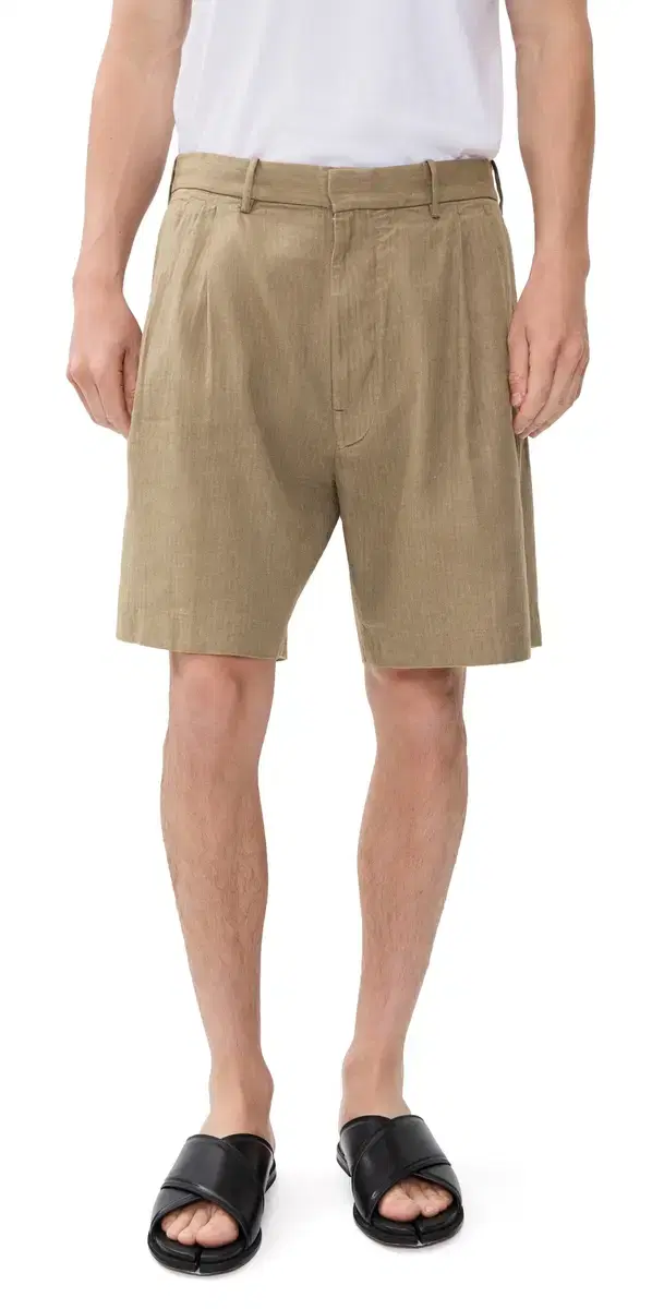 Herringbone Pleated Linen Shorts 8 Olive