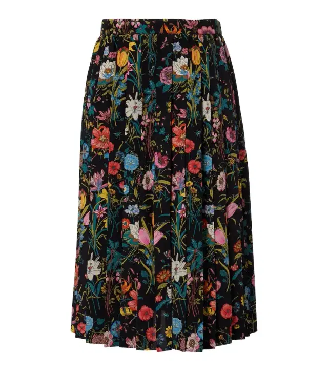 Pleated floral silk midi skirt