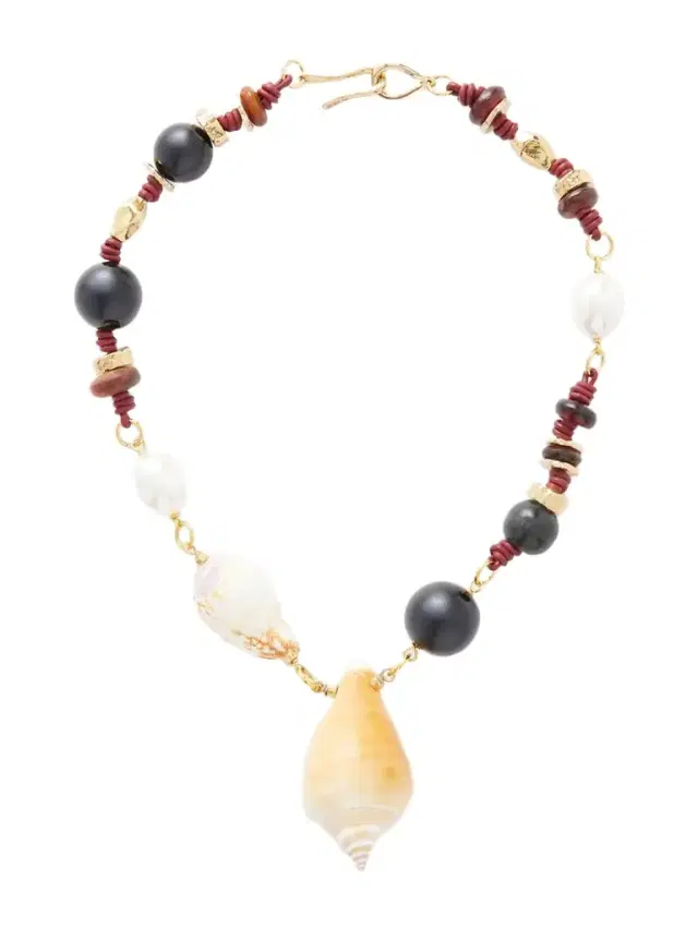TOHUM Samsara Gold-plated, Onyx, Leather And Seashell Beaded Necklace