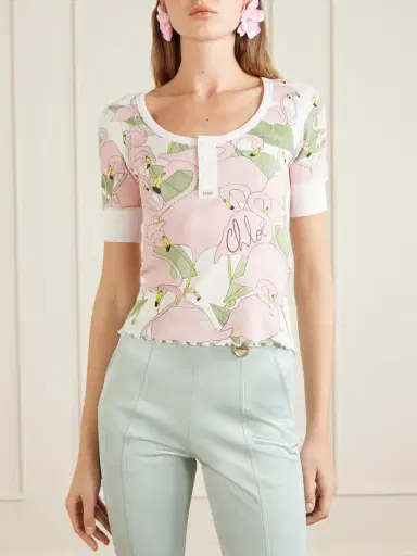 Chloé Printed Ribbed Cotton-jersey T-shirt | Thumbnail 3 Chloé Printed Ribbed Cotton-jersey T-shirt | Thumbnail 3