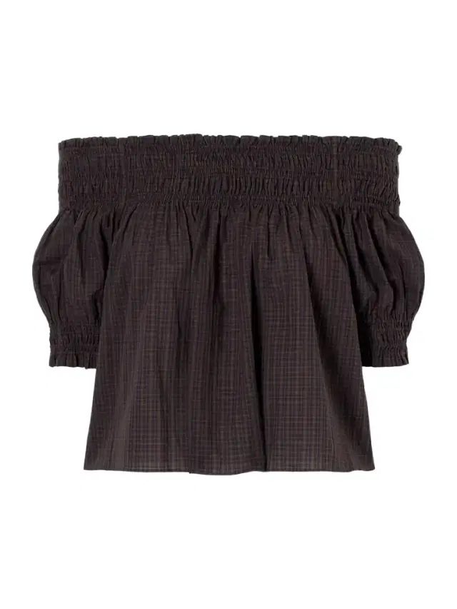 Shirred Off-the-shoulder Checked Cotton Blouse