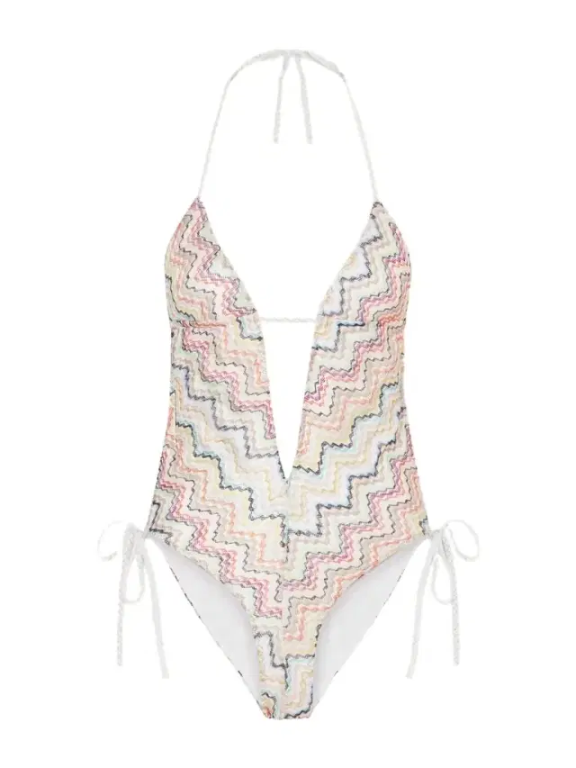 Striped Crochet-knit Halterneck Swimsuit