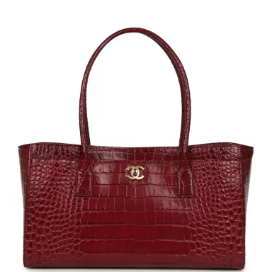 Chanel Chanel Small Cerf Shopping Bag Burgundy Croc Embossed Calfskin Gold Hardware | Thumbnail 1