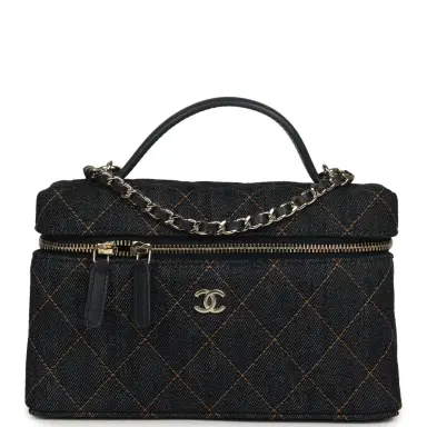 Chanel Chanel Top Handle Long Vanity Case with Chain Dark Blue Denim Light Gold Hardware | Thumbnail 1 Chanel Chanel Top Handle Long Vanity Case with Chain Dark Blue Denim Light Gold Hardware | Thumbnail 1