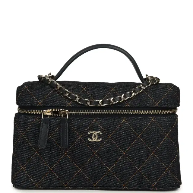Chanel Chanel Top Handle Long Vanity Case with Chain Dark Blue Denim Light Gold Hardware