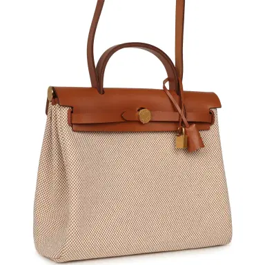 HERMÈS Hermes Herbag Zip PM 31 Fauve Vache Hunter and Ecru-Beige Criss Viking Canvas Gold Hardware | Thumbnail 2