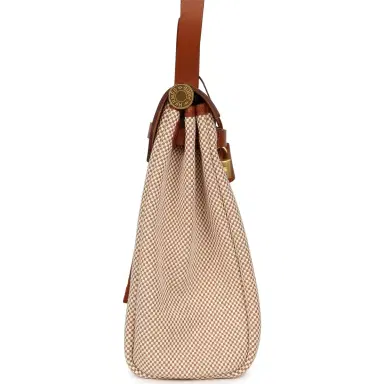 HERMÈS Hermes Herbag Zip PM 31 Fauve Vache Hunter and Ecru-Beige Criss Viking Canvas Gold Hardware | Thumbnail 3