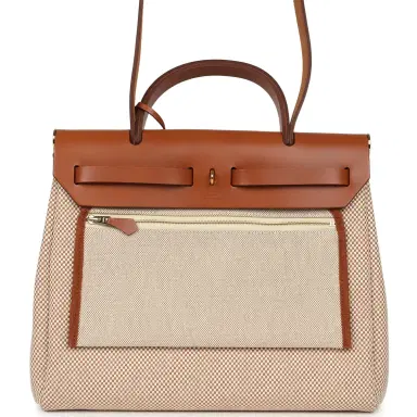 HERMÈS Hermes Herbag Zip PM 31 Fauve Vache Hunter and Ecru-Beige Criss Viking Canvas Gold Hardware | Thumbnail 4