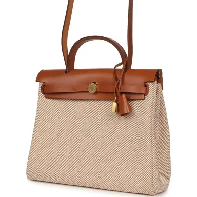 HERMÈS Hermes Herbag Zip PM 31 Fauve Vache Hunter and Ecru-Beige Criss Viking Canvas Gold Hardware | Thumbnail 5