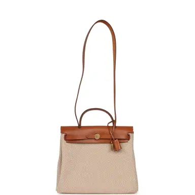 HERMÈS Hermes Herbag Zip PM 31 Fauve Vache Hunter and Ecru-Beige Criss Viking Canvas Gold Hardware | Thumbnail 7