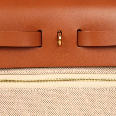 HERMÈS Hermes Herbag Zip PM 31 Fauve Vache Hunter and Ecru-Beige Criss Viking Canvas Gold Hardware | Thumbnail 8