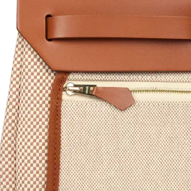 HERMÈS Hermes Herbag Zip PM 31 Fauve Vache Hunter and Ecru-Beige Criss Viking Canvas Gold Hardware | Thumbnail 9
