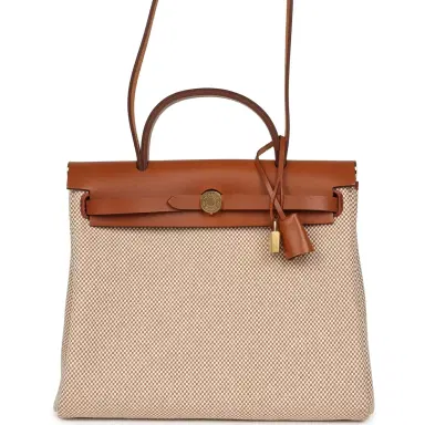 HERMÈS Hermes Herbag Zip PM 31 Fauve Vache Hunter and Ecru-Beige Criss Viking Canvas Gold Hardware | Thumbnail 1