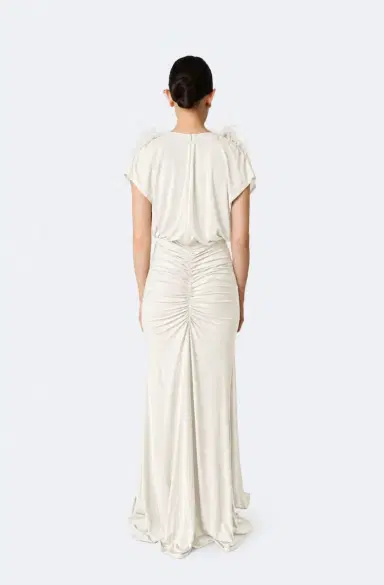Lapointe Jersey V Neck Shirred Gown With Feathers | Thumbnail 2 Lapointe Jersey V Neck Shirred Gown With Feathers | Thumbnail 2