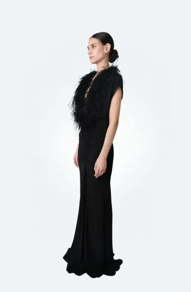 Lapointe Jersey V Neck Shirred Gown With Feathers | Thumbnail 3 Lapointe Jersey V Neck Shirred Gown With Feathers | Thumbnail 3