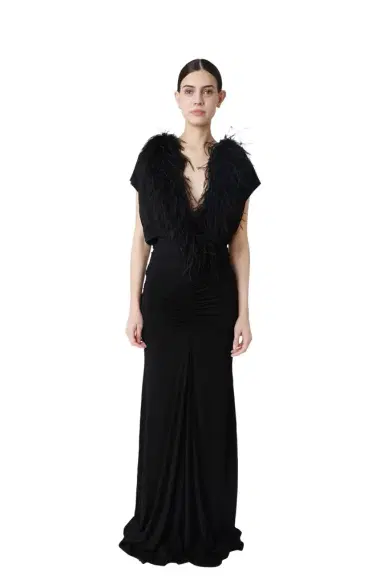Lapointe Jersey V Neck Shirred Gown With Feathers | Thumbnail 1 Lapointe Jersey V Neck Shirred Gown With Feathers | Thumbnail 1