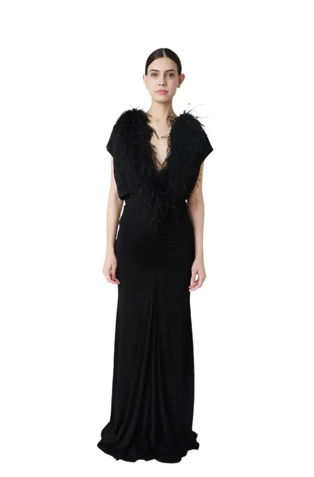 Jersey V Neck Shirred Gown With Feathers