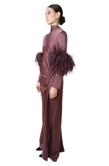Lapointe Satin Tab Gown With Feathers | Thumbnail 1 Lapointe Satin Tab Gown With Feathers | Thumbnail 1