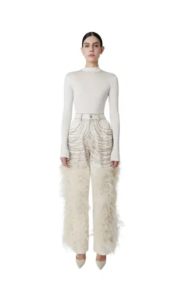 Lapointe Stretch Cotton Twill Embroidered Pants With Feathers | Thumbnail 1 Lapointe Stretch Cotton Twill Embroidered Pants With Feathers | Thumbnail 1