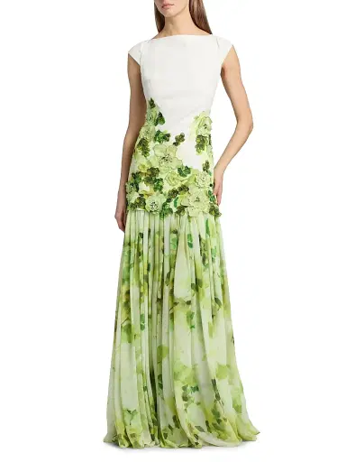 BADGLEY MISCHKA Women's Floral Appliqué Drop-Waist Gown - Lime Multi - Size 16 | Thumbnail 2 BADGLEY MISCHKA Women's Floral Appliqué Drop-Waist Gown - Lime Multi - Size 16 | Thumbnail 2