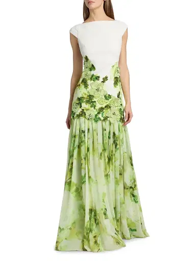 BADGLEY MISCHKA Women's Floral Appliqué Drop-Waist Gown | Thumbnail 3
