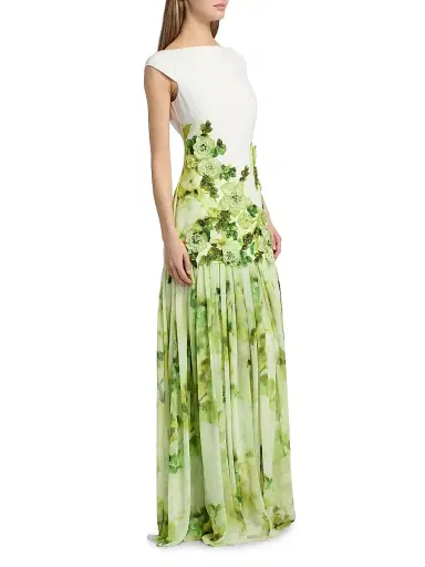 BADGLEY MISCHKA Women's Floral Appliqué Drop-Waist Gown - Lime Multi - Size 16 | Thumbnail 4 BADGLEY MISCHKA Women's Floral Appliqué Drop-Waist Gown - Lime Multi - Size 16 | Thumbnail 4