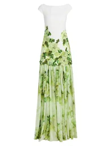 BADGLEY MISCHKA Women's Floral Appliqué Drop-Waist Gown - Lime Multi - Size 16 | Thumbnail 1 BADGLEY MISCHKA Women's Floral Appliqué Drop-Waist Gown - Lime Multi - Size 16 | Thumbnail 1