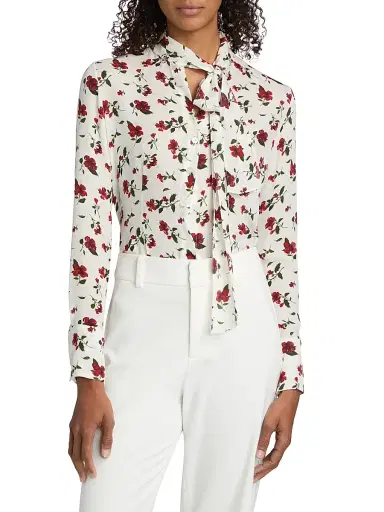 Oscar de la Renta Women's Hibiscus-Print Silk Button-Front Blouse - Red White - Size 16 | Thumbnail 3