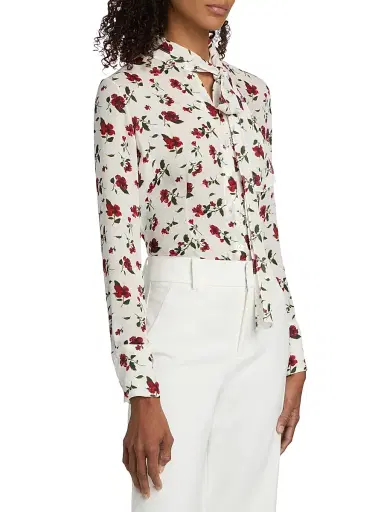 Oscar de la Renta Women's Hibiscus-Print Silk Button-Front Blouse - Red White - Size 16 | Thumbnail 4