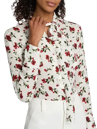 Oscar de la Renta Women's Hibiscus-Print Silk Button-Front Blouse - Red White - Size 16 | Thumbnail 6