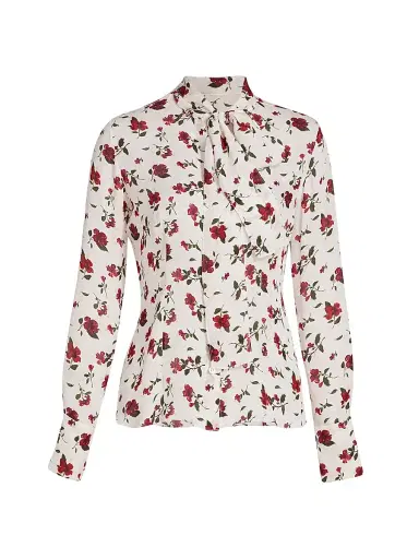 Oscar de la Renta Women's Hibiscus-Print Silk Button-Front Blouse - Red White - Size 16 | Thumbnail 1