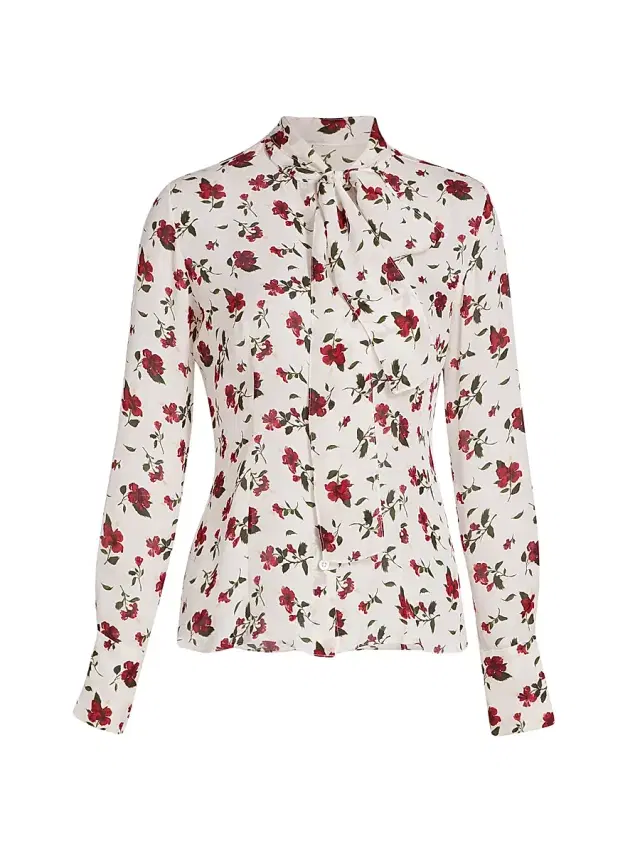 Oscar de la Renta Women's Hibiscus-Print Silk Button-Front Blouse - Red White