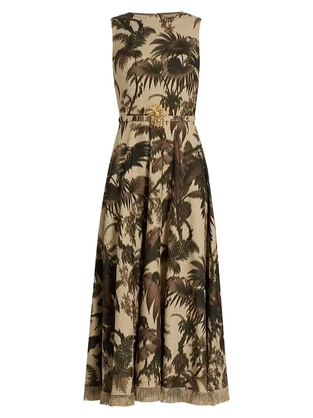 Women's Palm Crepe De Chine Belted Midi-Dress - Espresso