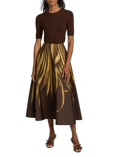 Oscar de la Renta Women's Palm Print A-Line Midi-Skirt - Brown | Thumbnail 2