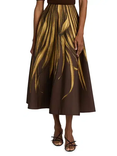 Oscar de la Renta Women's Palm Print A-Line Midi-Skirt - Brown | Thumbnail 3