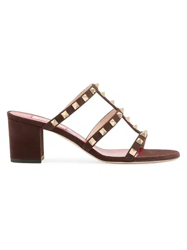 Valentino Garavani Women's Rockstud 60MM Slide Sandals in Suede - Ebony | Thumbnail 1
