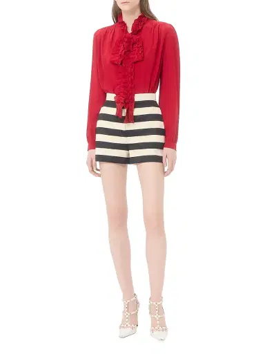 Valentino Garavani Women's Cotton Satin Shorts with Maxi Barré Stripe - Black Vanilla | Thumbnail 2 Valentino Garavani Women's Cotton Satin Shorts with Maxi Barré Stripe - Black Vanilla | Thumbnail 2