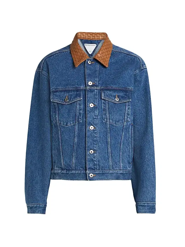 Bottega Veneta Men's Intrecciato Collar Denim Trucker Jacket - Medium Blue