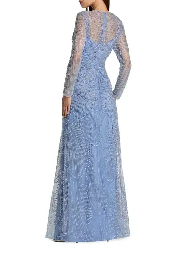 Mac Duggal Women's Beaded Mesh Long-Sleeve A-Line Gown | Thumbnail 2 Mac Duggal Women's Beaded Mesh Long-Sleeve A-Line Gown | Thumbnail 2