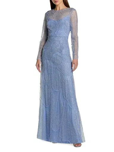 Mac Duggal Women's Beaded Mesh Long-Sleeve A-Line Gown | Thumbnail 1 Mac Duggal Women's Beaded Mesh Long-Sleeve A-Line Gown | Thumbnail 1