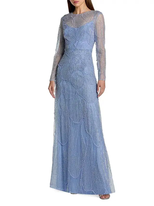 Mac Duggal Women's Beaded Mesh Long-Sleeve A-Line Gown - Periwinkle