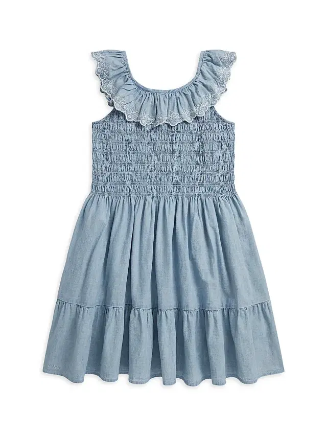 Polo Ralph Lauren Little Girl's & Girl's Blueberry-Overlay Chambray Smocked Dress - New Medium Wash