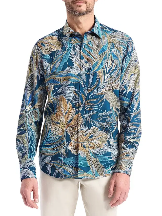 Men's Chorro Embroidered Leaf Print Shirt