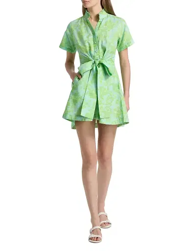 VERANDAH Women's Ammama Bawa Floral Cotton-Linen Minidress - Aqua And Sage Green Gulmohar - Size XL | Thumbnail 2 VERANDAH Women's Ammama Bawa Floral Cotton-Linen Minidress - Aqua And Sage Green Gulmohar - Size XL | Thumbnail 2