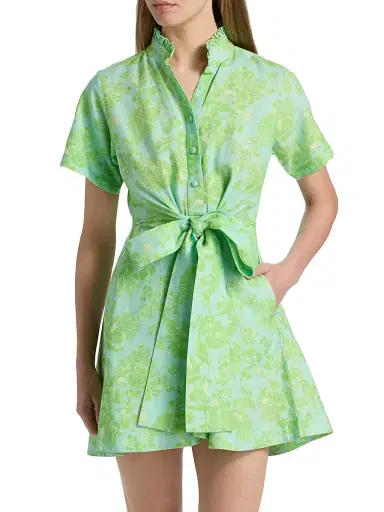 VERANDAH Women's Ammama Bawa Floral Cotton-Linen Minidress - Aqua And Sage Green Gulmohar - Size XL | Thumbnail 3 VERANDAH Women's Ammama Bawa Floral Cotton-Linen Minidress - Aqua And Sage Green Gulmohar - Size XL | Thumbnail 3