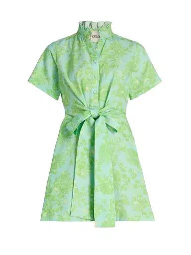 VERANDAH Women's Ammama Bawa Floral Cotton-Linen Minidress - Aqua And Sage Green Gulmohar - Size XL | Thumbnail 1 VERANDAH Women's Ammama Bawa Floral Cotton-Linen Minidress - Aqua And Sage Green Gulmohar - Size XL | Thumbnail 1