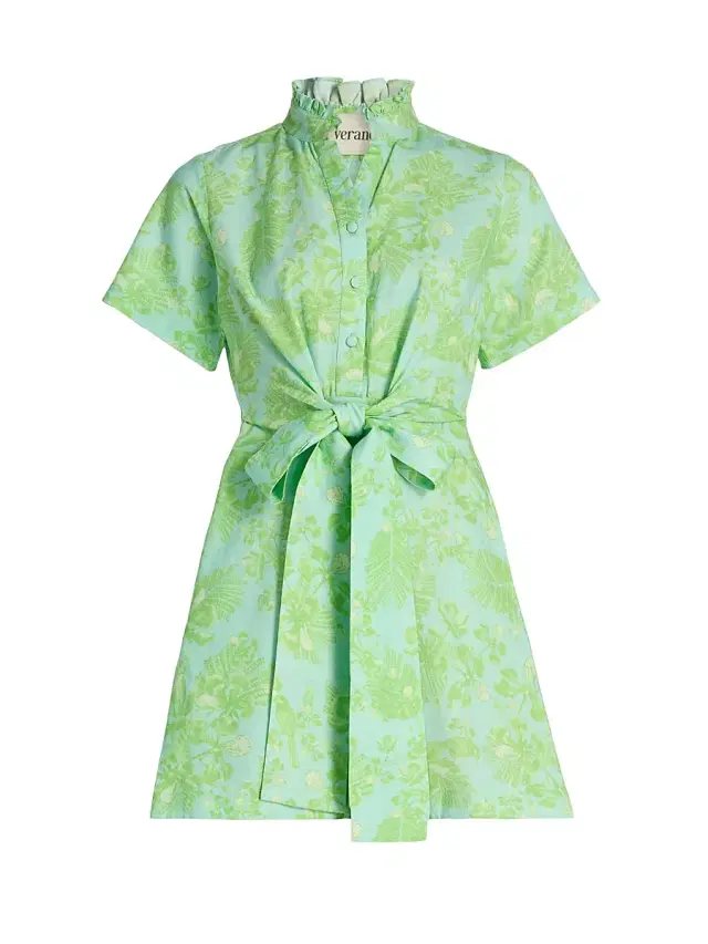 Women's Ammama Bawa Floral Cotton-Linen Minidress - Aqua And Sage Green Gulmohar