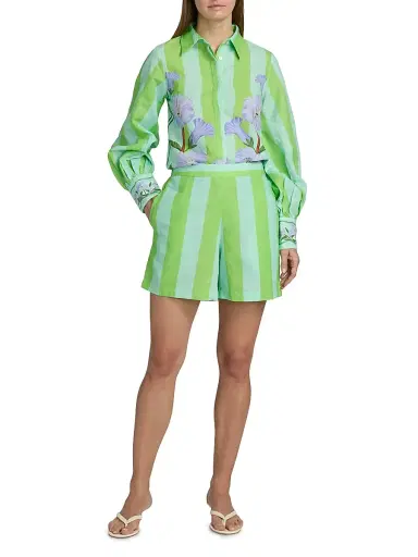 VERANDAH Women's Ammama Summer Linen-Cotton Shorts - Aqua And Green Stripes - Size XL | Thumbnail 2
