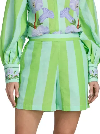 VERANDAH Women's Ammama Summer Linen-Cotton Shorts - Aqua And Green Stripes - Size XL | Thumbnail 3