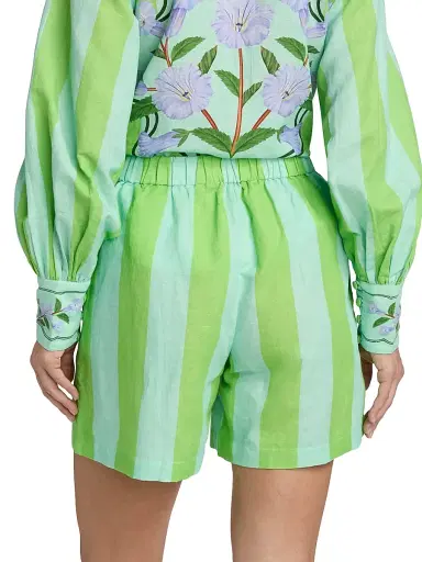 VERANDAH Women's Ammama Summer Linen-Cotton Shorts - Aqua And Green Stripes - Size XL | Thumbnail 5